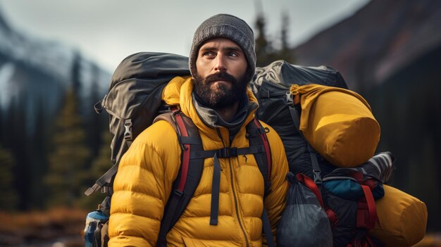 Photo a man with a backpack in the woods