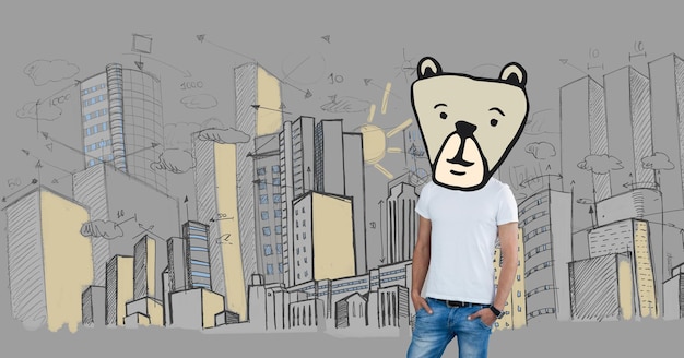 Man with bear animal head face in city