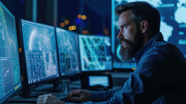 A man with a beard analyzing data on multiple computer screens