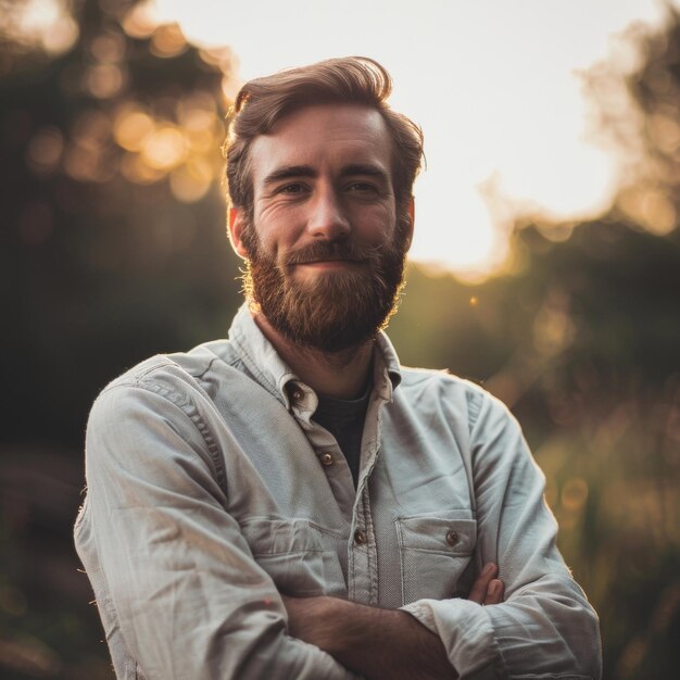 Photo a man with a beard and arms crossed in front of a sunset