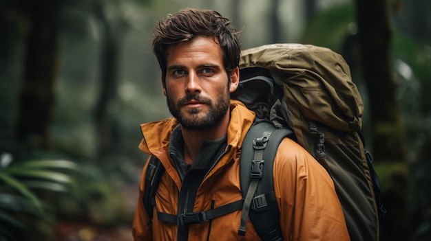 Photo man with beard and backpack in the woods