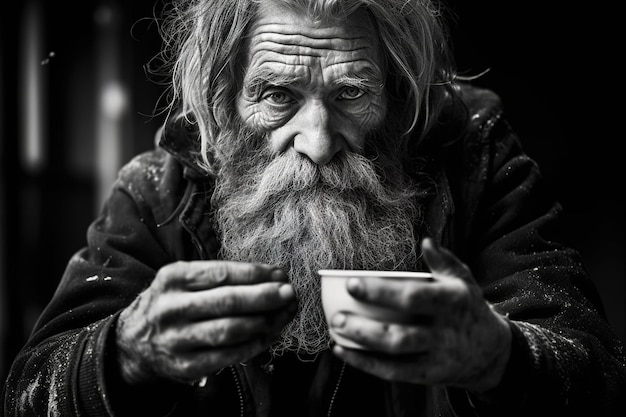 A man with a beard and a beard holds a cup of coffee