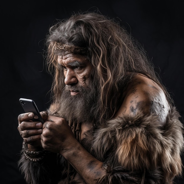 a man with a beard and a beard is looking at a phone.