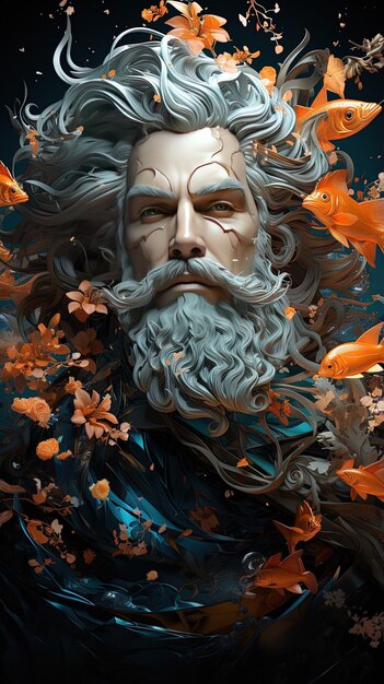 a man with a beard and a beard is surrounded by gold fish