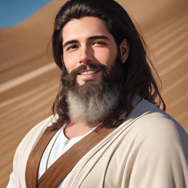 A man with a beard and a beard stands in the desert.