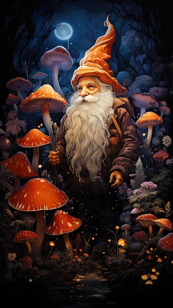 a man with a beard and a beard stands in a forest with mushrooms