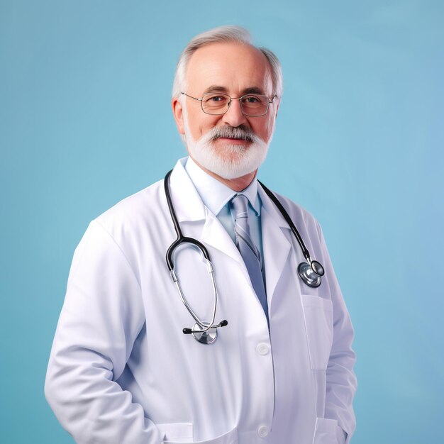 A man with a beard and a beard stands in front of a blue background