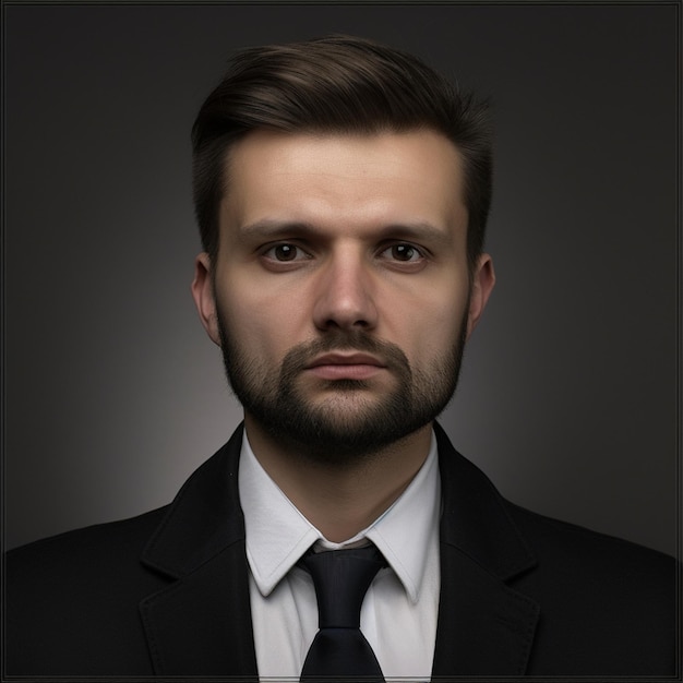 A man with a beard and a black suit and white shirt