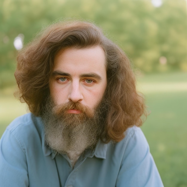 A man with a beard and blue eyes is sitting in a park.