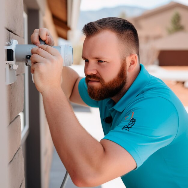 Man with beard in blue shirt gestures while engineering a wall joint