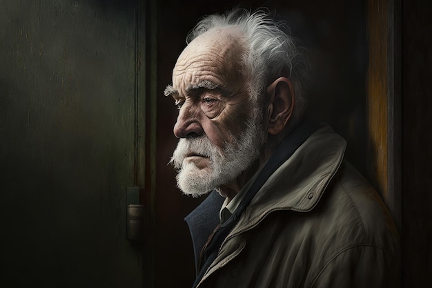 A man with a beard and a brown jacket looks into the distance.