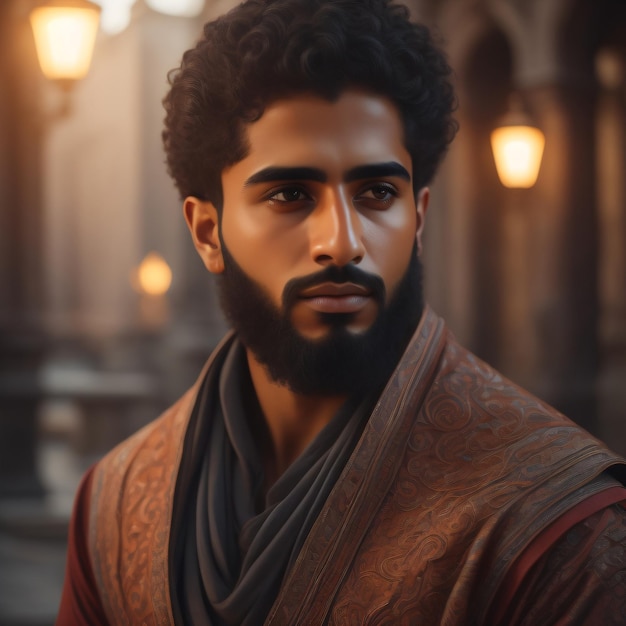 A man with a beard and a brown jacket stands in front of a building.