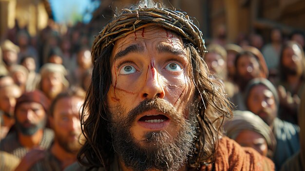 Photo a man with a beard and a cross on his face is shown with a cross on his face