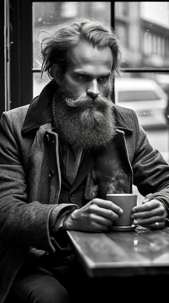 A man with a beard and a cup of coffee.