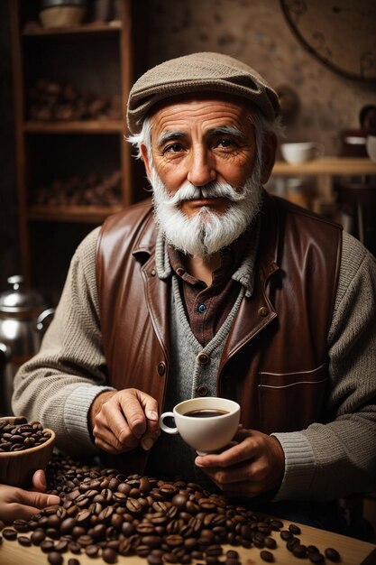 A man with a beard and a cup of coffee