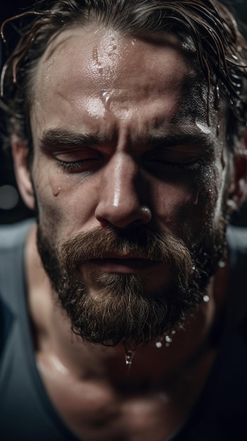 Photo a man with a beard and eyes closed and his eyes closed, with a drop of water on his forehead.