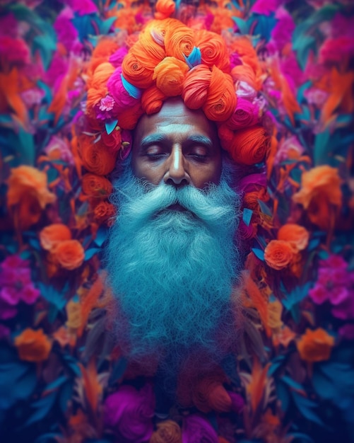 A man with a beard and a flower crown on his head