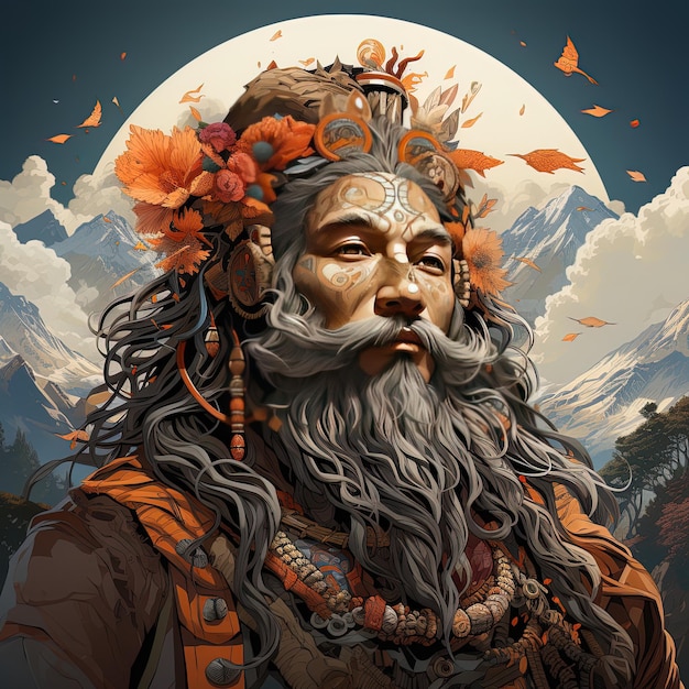 a man with a beard and flowers on his head is standing in front of a mountain with mountains in the background