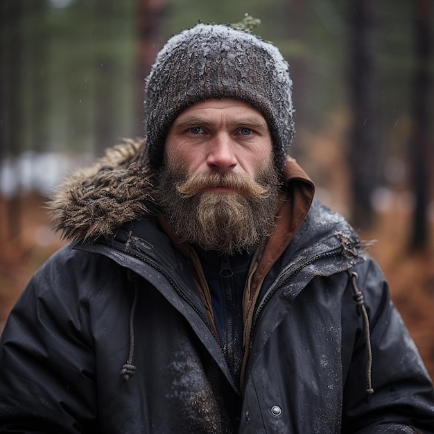 A man with a beard and a fur hat on