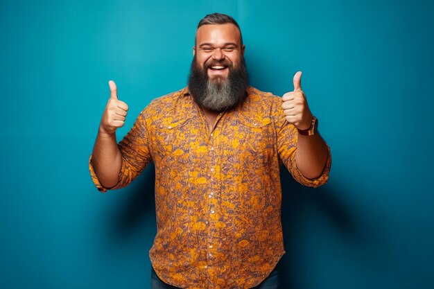 Man with beard gives thumbs up while standing against blue background Generative AI