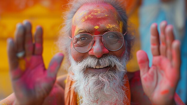 Photo man with beard and glasses covered in paint