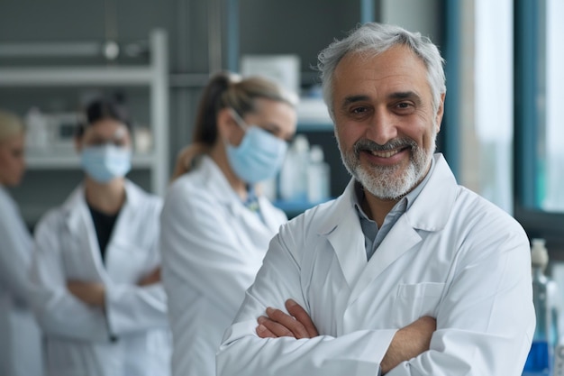 a man with a beard and glasses on his face stands in a lab coat