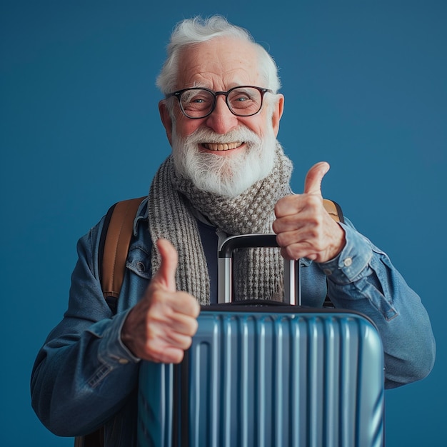 мужчина с бородой и очками, держащий синий чемодан с поднятыми пальцами
