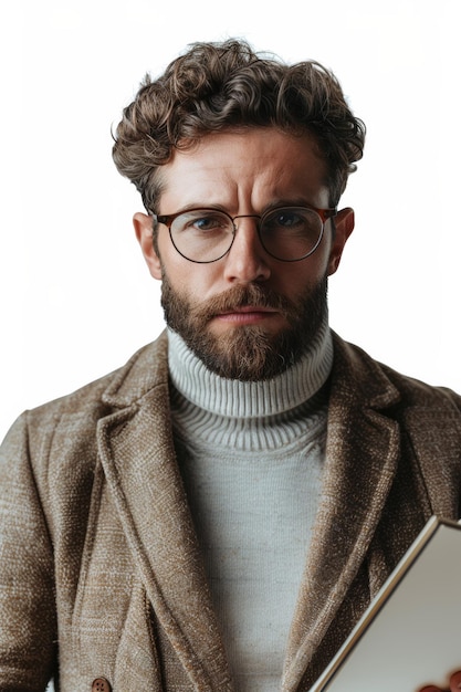 Foto uomo con barba e occhiali che tiene un libro