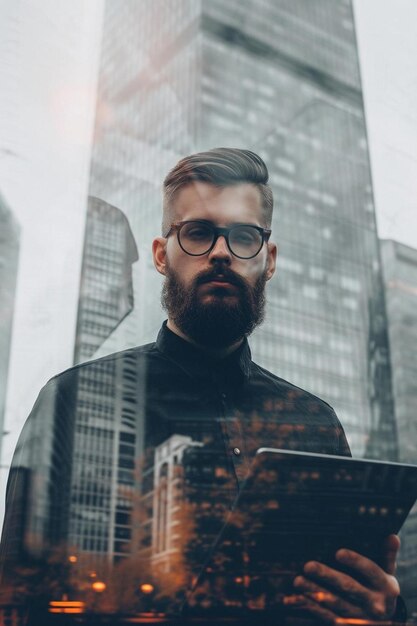 Foto un uomo con la barba e gli occhiali che tengono un tablet