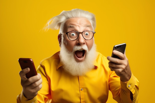 A man with a beard and glasses holds a phone and looks at a screen that says'smart '