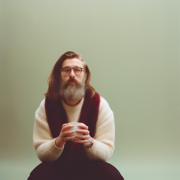 Photo a man with a beard and glasses is holding a cup of coffee.