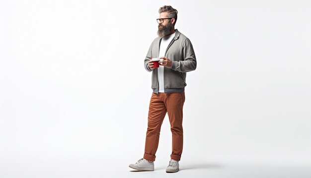 Человек с бородой и очками держит красную чашку кофе