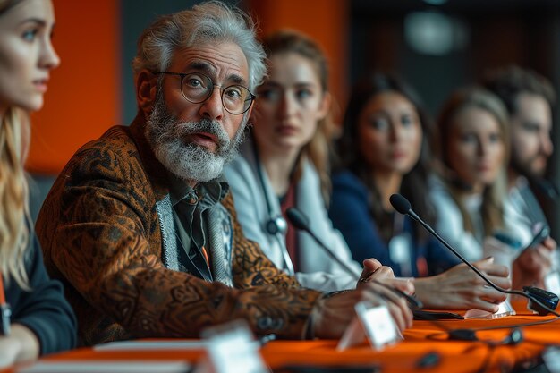 Photo a man with a beard and glasses is sitting at a table with other people