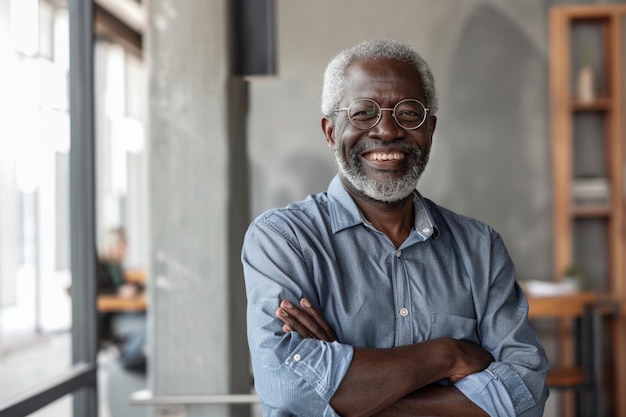 a man with a beard and glasses is smiling