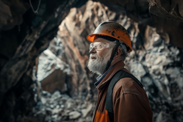 Photo a man with a beard and glasses is standing in a cave