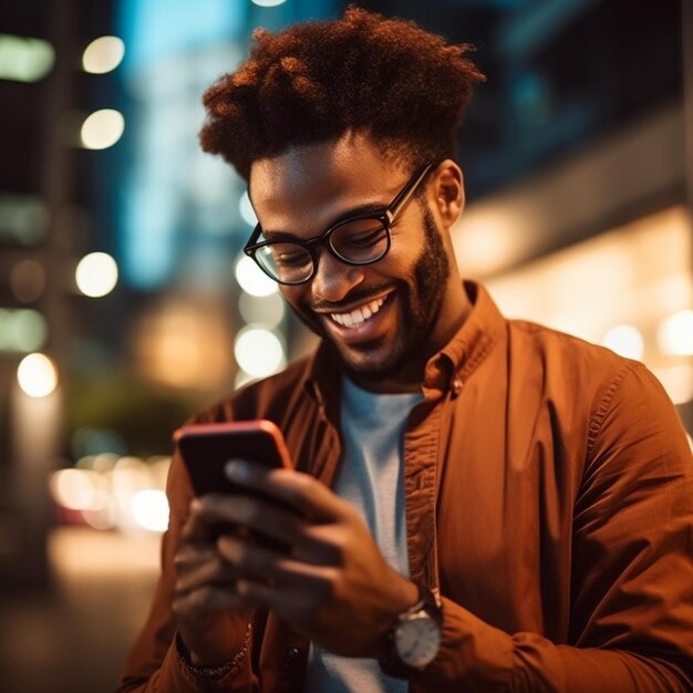 a man with a beard and glasses is texting on his phone