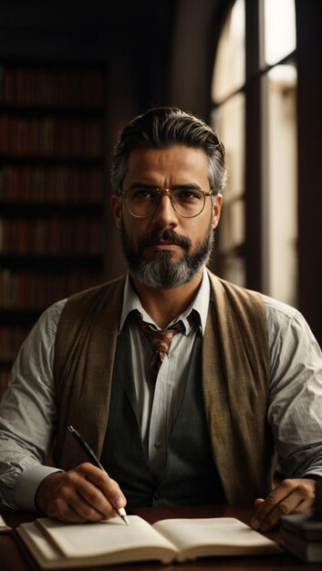 a man with a beard and glasses is wearing a vest.