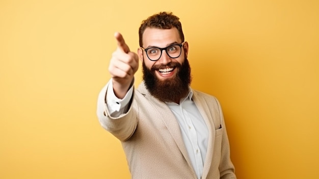 A man with a beard and glasses points his finger at the camera