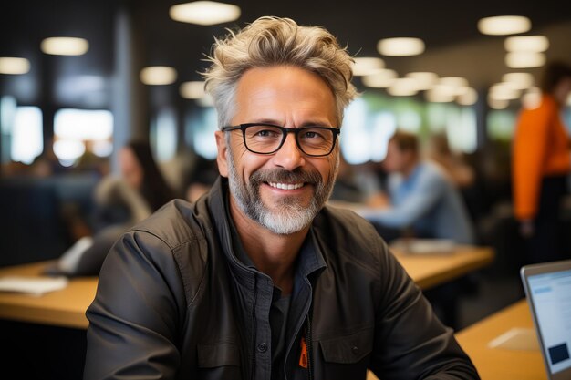 Man with beard and glasses sitting at table in restaurant Generative AI