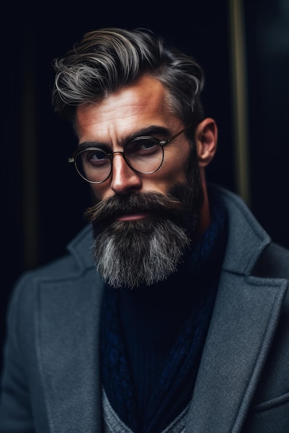 A man with a beard and glasses stands in a dark room.