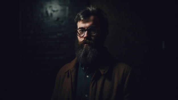 A man with a beard and glasses stands in a dark