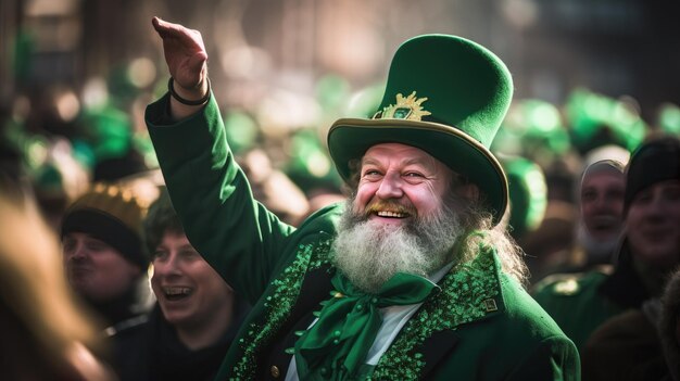 a man with a beard and green hat is waving at a parade.