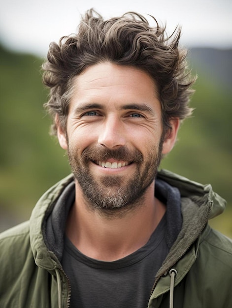 a man with a beard and a green jacket with a black collar