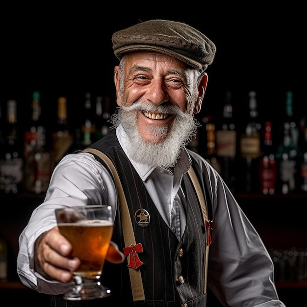 A man with a beard and a hat holding a glass of beer.