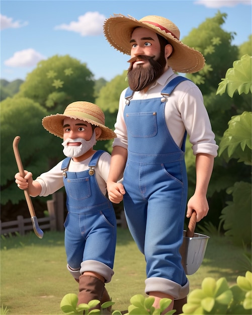 a man with a beard and hat holding a shovel and a little boy with a bucket.