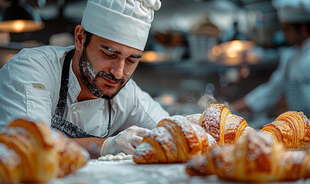 a man with a beard and a hat is behind a croissant
