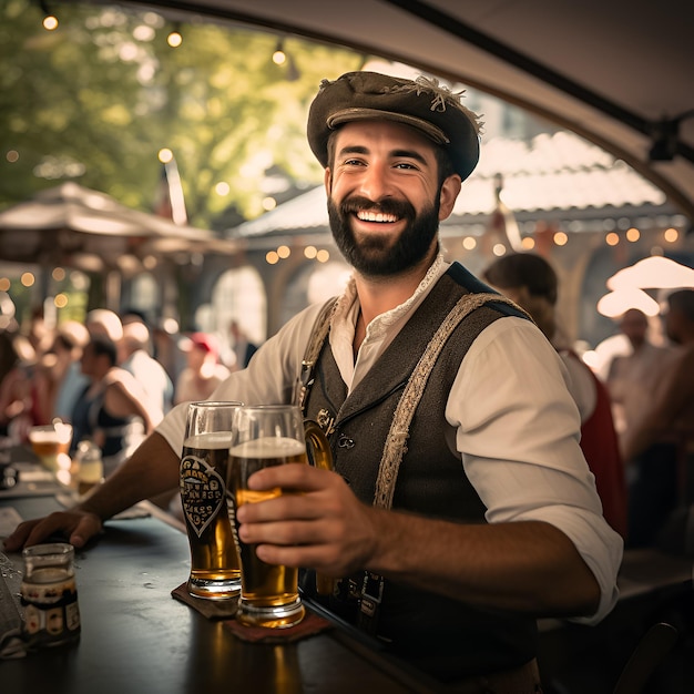 ひげと帽子をかぶった男性がジョッキでビールを飲んでいます。