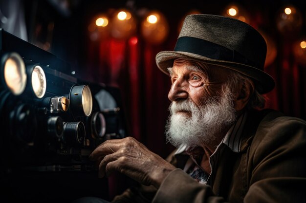 Photo a man with a beard and a hat is looking at a camera