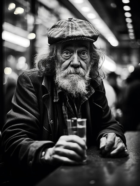 a man with a beard and a hat is sitting at a bar.