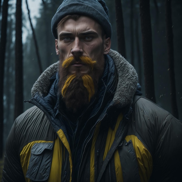 A man with a beard and a hat is standing in a forest.